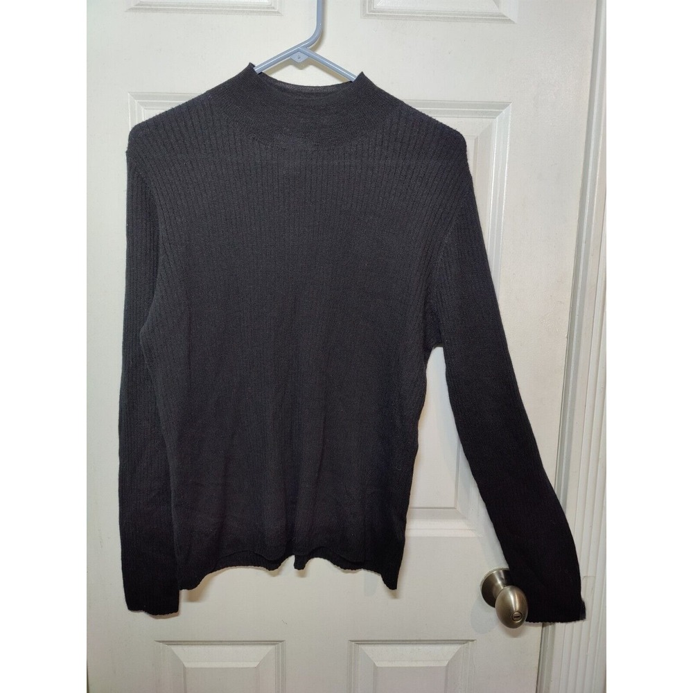 Halston Extra Fine Merino Wool Sweater Ribbed Black Lightweight Mock Neck XL New
